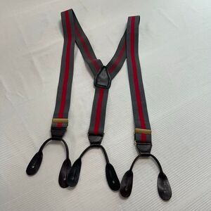CAS Grey Red Stripe VTG Leather Germany Brown Leather Suspenders Braces
